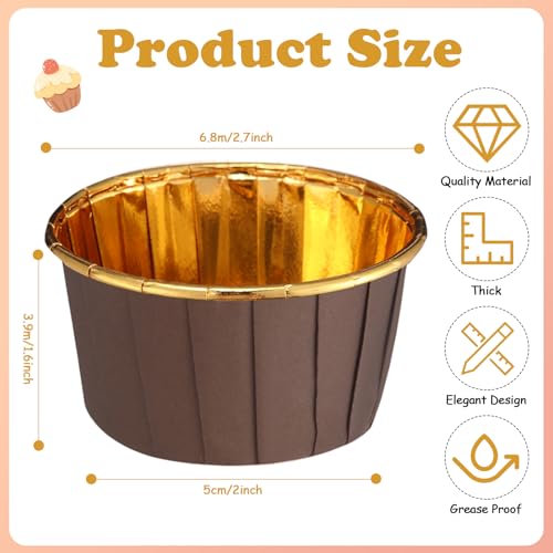 Image of 300 Pack Brown Gold Cupcake Liners Bulk Disposable Foil Muffin Cup