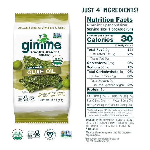 Image of Gimme Seaweed Organic Premium Roasted Seaweed Snacks, Extra Virgin Olive Oil, Keto, Vegan, Gluten-Free, Great Source of Omega3s and Iodine, Healthy On-The-Go Snack for Kids&Adults,6 Count (Pack of 8)