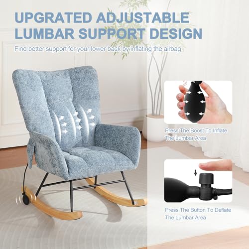 Image of Rocking Chair Nursery with Airbag, Comfy Modern Nursery Rocking Reading Chair Indoor, Cozy Upholstered Glider Rocker Chairs for Living Room Bedroom Offices, (Chenille, Blue)