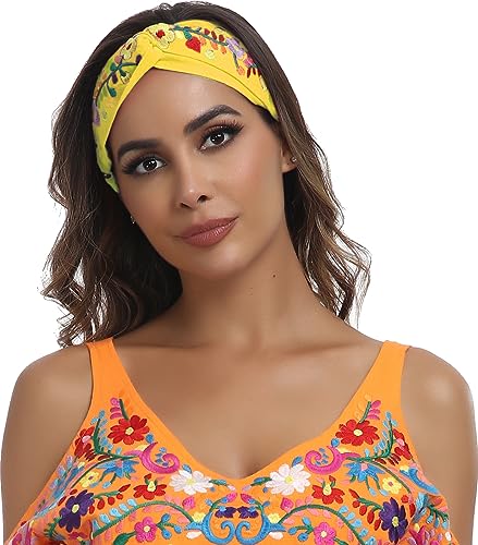 YZXDORWJ Embroidered Boho Headbans for Women Girls Floral Twist Knotted Criss Cross Elastic Colorful Hair Fashion Accessories (FB-Y)