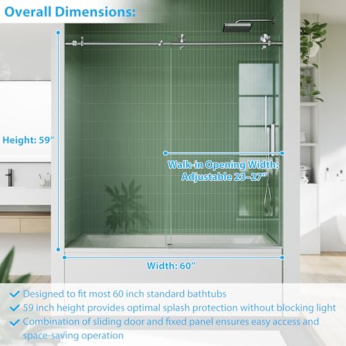 Image of Shower Door 60 inch W x 59 inch H, Sliding Glass, 5 /16 inch(8mm) Tempered Glass, Easy-Clean & Durable Bathroom Door with Hardware Kit