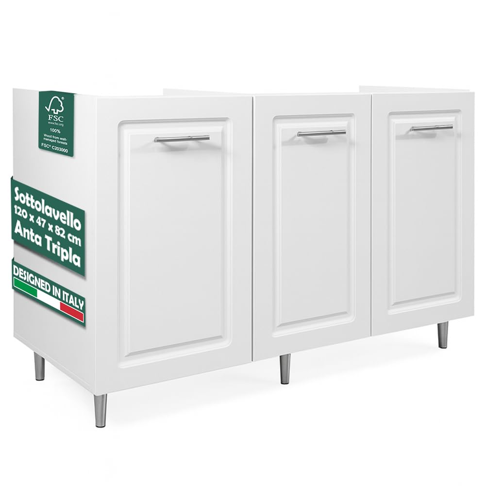 Shally Dogan Mobile Sottolavello Base per Cucina con Tre Ante Design Boiserie, Mobiletto Componibile con Struttura in Legno Robusta, Mobile Sotto Lavello, 120 x 50 x 85H cm (Bianco)