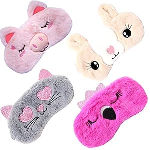4 Pack Sleeping Mask for Girls Soft Plush Blindfold Cute Rabbit Pig Flamingo Cat Sleep Masks Eye Cover Eyeshade for Kids Teens Women Plane Travel Nap Night Sleeping