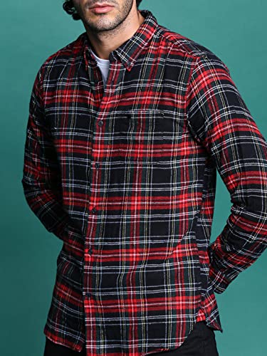 THE BEAR HOUSE Men's Cotton Black Red Checks Slim Fit Shirt L