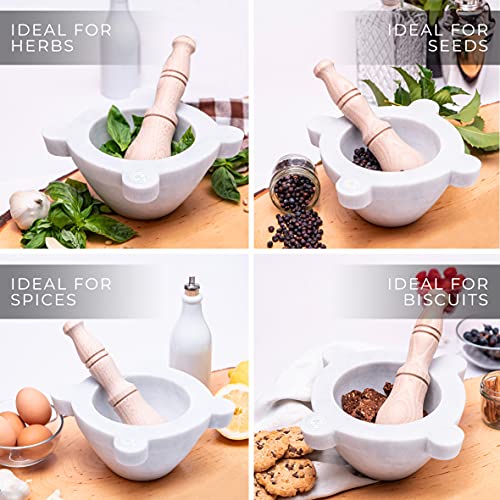 Bembo Mortar In White Carrara Marble With Pestle Made In Italy - For Pesto Or Spices - Genovese Model (Ø 18 Cm) #TOP4