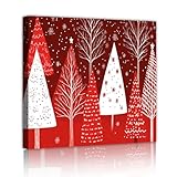 赤と白の森のキャンバスプリント北欧の冬の壁アートクリスマスツリーの壁の装飾リビングルームキッチンオフィス45x45cmインナーフレームに吊るす準備ができています