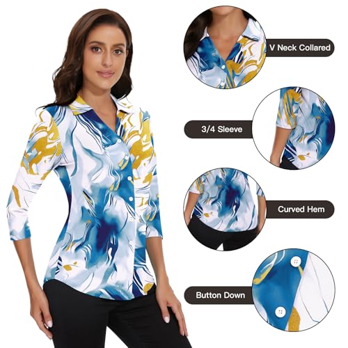 Image of Soneven Womens Golf Polo Shirts 3 /4 Long Sleeve V Neck Button Down Shirts Business Causal Work Blouses Tops