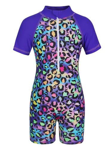AmzBarley Swimming Costume Girls Swimsuit Kids One-Piece Swimwear Child Short Sleeve Rash Guard Summer Beach Outing Swimsuits Leopard Age 11-12 Years Size 150