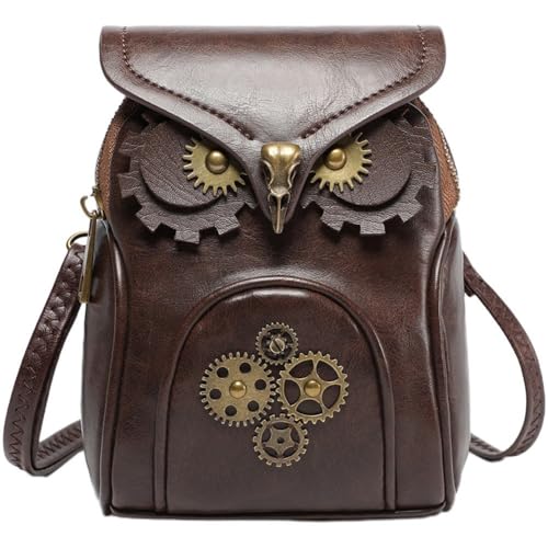 Muteitt Sac à Main Gothique Steampunk en Cuir PU avec Hibou, Sac à Bandoulière Rétro pour Femmes et Filles, 12*8*18cm, Brun
