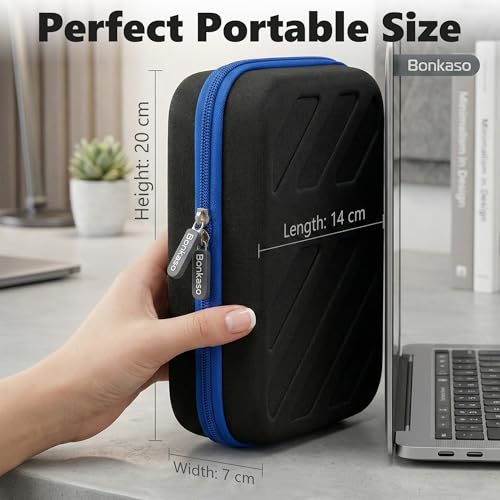 Image of BonKaso Tech Organizer Pouch Hard Shell - Travel Electronics Accessories Case for Charger, USB Cable, Power Bank, Earphones & Hard Drive | Compact EVA Storage Bag - Black & Blue