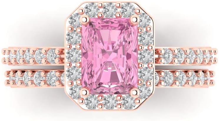 Clara Pucci 14K Rose Gold Wedding Set - Simulated Pink Diamond Solitaire with Accents Engagement Ring and Stackable Simulated Diamond Wedding Band for Women - Bridal Engagement Set