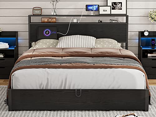 IKIFLY-Queen-Size-Lift-Up-Storage-Bed-with-Storage-Shelf-Headboard-Metal-Queen-Platform-Bed-Frame-with-Charging-Station-Solid-Wood-Slats-No-Box-Spring-NeededEasy-Assembly-Black