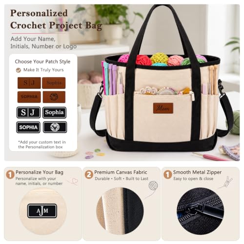 Image of Personalized Crochet Bag with Custom Leather Patch or Embroidered Name, Canvas Knitting Tote for Yarn Storage, Crochet Organizer with Multiple Pockets, Custom Gift for Crocheters & Knitters