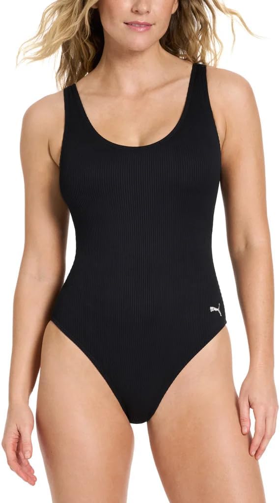 PUMA Women’s Ribbed One Piece Swimsuit – Scoop Neck Stretch Swimwear with UPF 50+ Protection