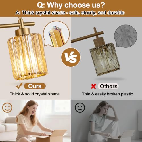 Image of Modern Crystal Bathroom Light Fixtures Over Mirror, 3-Light Brushed Gold Bathroom Vanity Light with Amber Glass Shades, Modern Vanity Lights for Bathroom, E26 Base, Bulbs Not Included