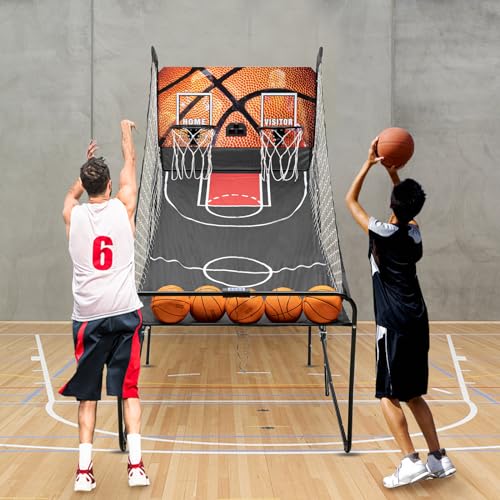 Dual Shot Arcade Basketball Game, 8 Modes Arcade Basketball Game with LED Electronic Scorer Timer Foldable Double Shootout Game 5 Balls for All Players Home Playground Game Halls
