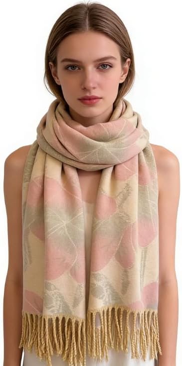 Women's Scarf with Fringe, Pink and Beige Floral Pattern, Soft Pastel Colors, Long Wrap Shawl