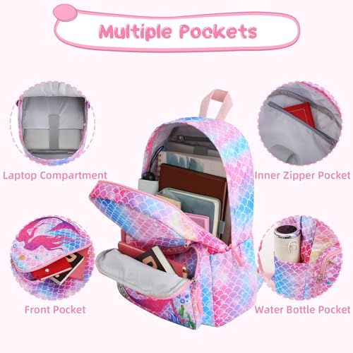 Mermaid Backpack for Girls, Kids Preschool Kindergarten Backpacks, Cute Toddler Bookbag, School Bag for Elementary Back to School with Plush Pendant Decoration4