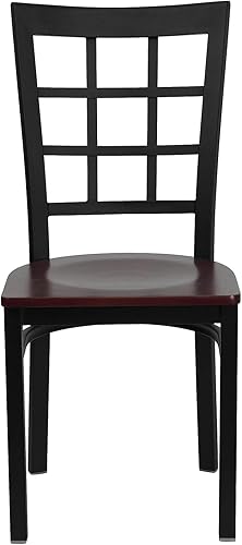 Miniatura 8 de Flash Furniture HERCULES Series Silla de restaurante de metal con respaldo de ventana negra - Asiento de madera de caoba