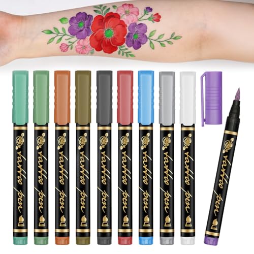 AYBUY Temporary Tattoo Markers for Skin 10 Colour Body Markers Tattoo Pen Kit for Kids and Adults Marker Pens for Kids and Adults Christmas Halloween Party Festival Dress Up