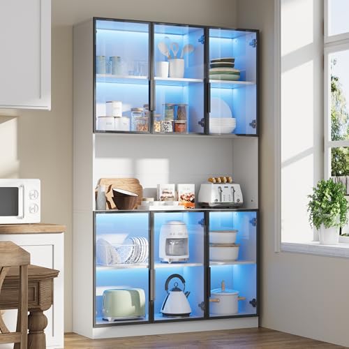 Rosebibi Vitrina de 120 x 34 x 200 cm, vitrina de pie con 6 puertas, zona de almacenamiento libre, armario alto, vitrina de cristal con LED, armario de salón de 120 cm de ancho, armario multifunción