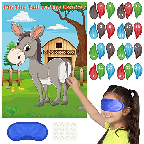 PLULON Ponle la Cola al Burro Juego de Fiesta Cartel Juegos de Burros con 24 Pegatinas Cola para Niños Juegos de Fiesta Cumpleaños Animales Granja Burro Regalos Fiesta Decoración Pared para el Hogar