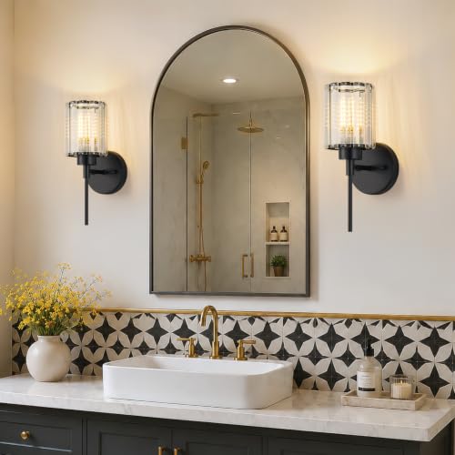 Image of Modern Wall Sconces Set of 2, Matte Black Wall Lights with Clear K9 Crystal Shades, Bathroom Vanity Lights for Bedroom, Living Room, Hallway