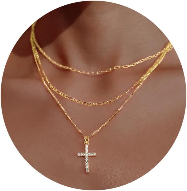 Layered necklaces in 18k gold with cubic zirconia detail