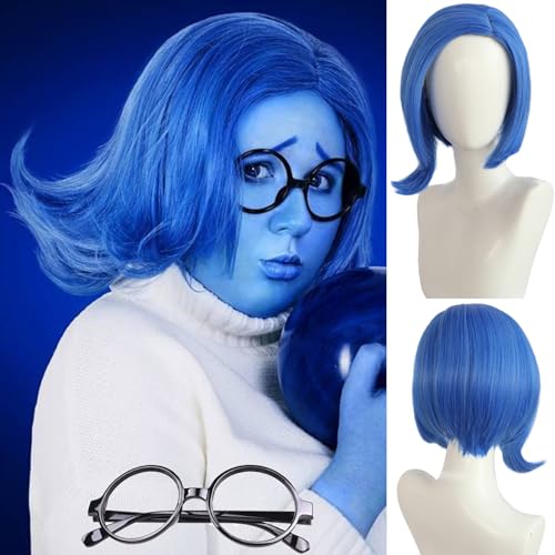 HUNIGIR Sadness Blue Bob Wig with Black Glasses Girls Blue Anime Wig Women Heat Resistant Synthetic for Cosplay Costume Party