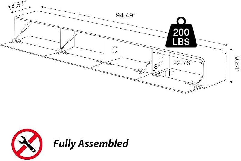 POVISON Fully-Assembled Minimalist Floating TV Stand with LED Lights, Modern Wall-Mounted Media Console with 4 Drawers for 85 Inch TV, Walnut Veneer, 94" image 6