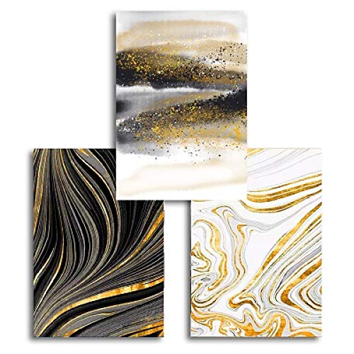 Tableaux muraux modernes dorés et noirs lot de 3 toiles 50x70 cm décoration murale salon