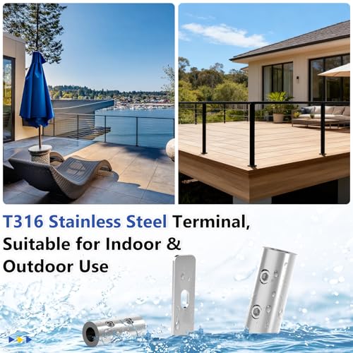 Image of 10 Pack Swageless Invisible Cable Railing Hardware, No-Crimp Reusable T316 Stainless Steel Fixed End Terminal for 1 /8 inch & 1 /10 inch Black Cable, 2 inchx2 inch Metal Level /Corner /Stair Post Deck Railing