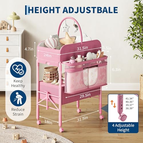 Table à langer anti mal de dos réglable pliable rose pour bébé - 3