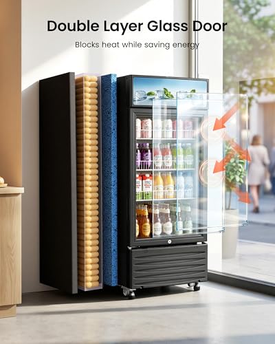 Image of 6 Cu.Ft Commercial Display Fridge with LED Lightbox & Glass Door | Glass Door Beverage Cooler, Adjustable Shelves, for Bar Cafe Shop, ETL Certified, Energy Efficient, with Lock & Casters