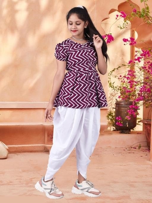 Image of N K Enterprises Kids Printed Short Kurti and Dhoti Pants Set | Festive for Girls