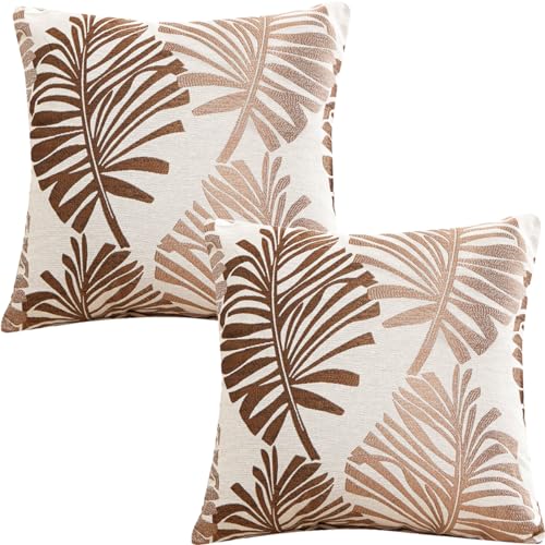 Tennove Cushion Covers 40x40cm Cotton Linen & Velvet Soft Throw Pillow Covers Set of 2 Decorative Tropic Leaf Pattern Square Cushion Cases Pillowcases for Couch Sofa Home Décor