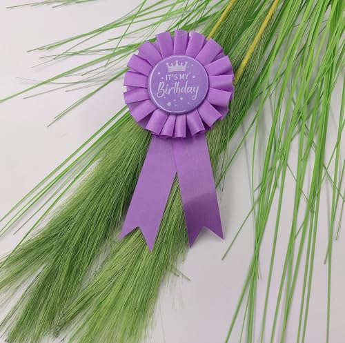 Image of It's My Birthday Award Ribbon, Satin Fabric Birthday Girl Tinplate Badge Pin, Happy Girl Party Button Pin Brooches (Light Purple)