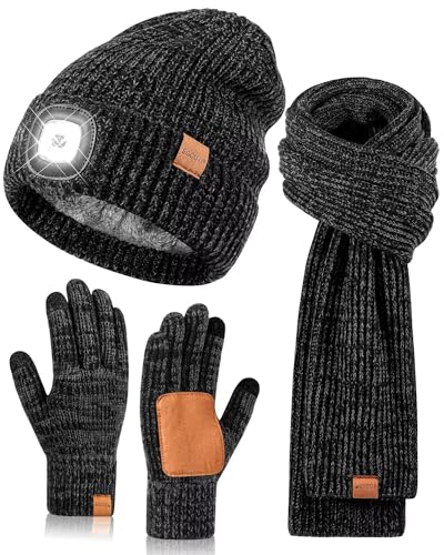 LED Beanie Hat Gloves Scarf Set, Winter Hats with Light Built in USB Rechargeable Headlamp Caps Long Scarf Touchscreen Gloves, 3 in 1 Warm Set for Dad Men Cold Weather-Mix-Black
