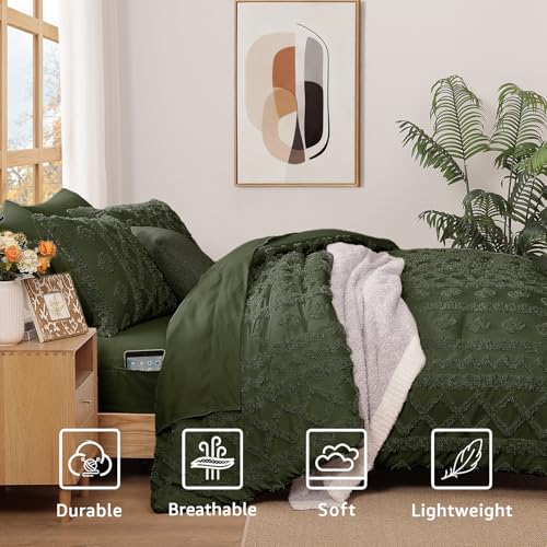 Image of King Size Comforter Set- 7 Pieces Tufted Bed in a Bag King Bedding Sets | All Season Shabby Chic Boho Bedding with Comforter, Sheets, Pillowcases & Shams, Dark Green