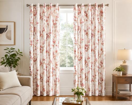 Image of 6 Feet Polyester Floral Light Filtering Window Curtains for Bedroom, Living Room & Hall, Eyelet Top, Orange Print Curtain Set of 2