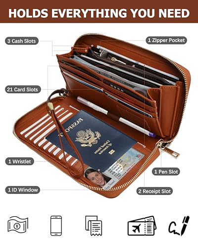 Image of Large Travel Wallet for Women (Brown Cow) | RFID Wallet for Women, Zipper Clutch Purse, Passport Holder for Travel, Multiple Card Slots, Phone Pocket, Wristlet Strap