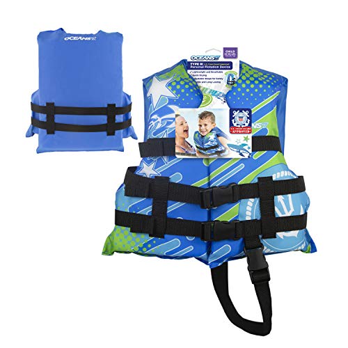 New & Improved Oceans7 US Coast Guard Approved, Child Life Jacket, Flex-Form Chest, Open-Sided Design, Type III Vest, PFD, Personal Flotation Device, Blue/White