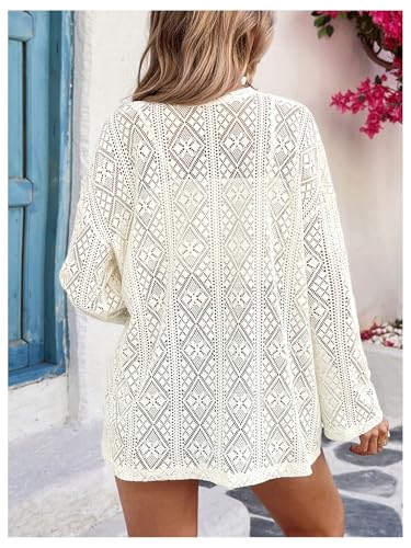 OYOANGLE Women's Crochet Cardigan Long Sleeve Open Front Lightweight Sweater Outerwear3