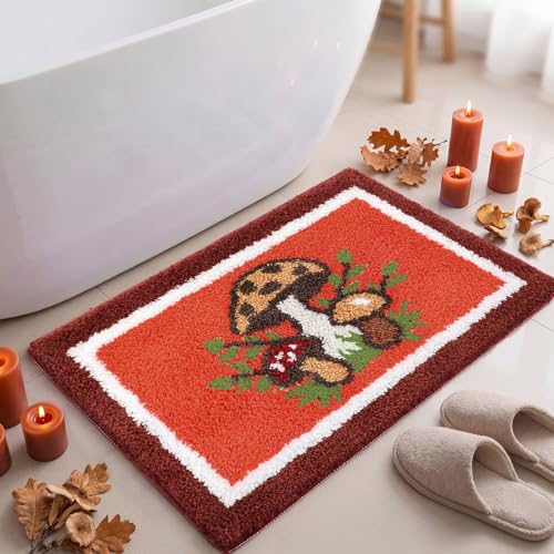 Boao Mushroom Bathroom Rug Cute Red Bath Mat Mushroom Tufted Non Slip Absorbent Funny Whimsical Bath Mat for Shower Tub Sink Entryway Home 24x16 Inches