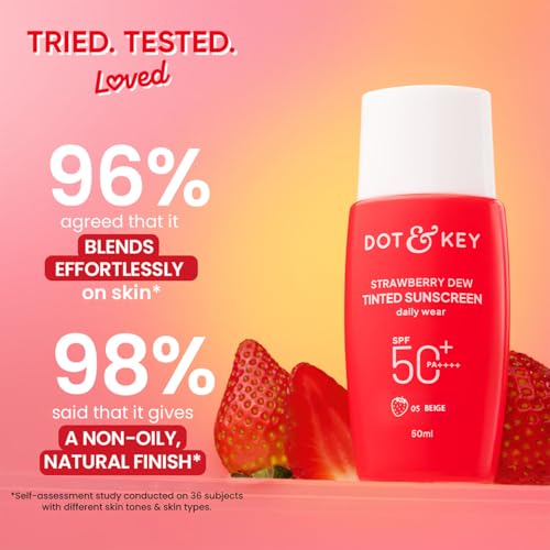 Image of Dot & Key Strawberry Dew Tinted Sunscreen In-Vivo Tested SPF 50+ PA++++ With New-Age UV Filters, Brightens & Protects Skin, Ultra-light, Blends Easily, With Niacinamide, Natural Finish, Non-Sticky | 50ml