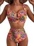 Herseas Women's U Wire Curvy Bikini Sets High Waisted Tummy Control 2026 Summer Swim Suit Push Up Two Piece Bathing Suits Fashionable Cruise Essentials Tropical Leaf Print Large