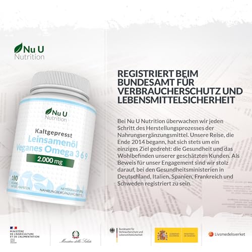 Veganes Leinsamenöl 2000 mg – 180 Weichkapseln – kaltgepresst, reichhaltige Quelle für Omega 3, 6 und 9 | 3-Monats-Vorrat – Nu U Nutrition