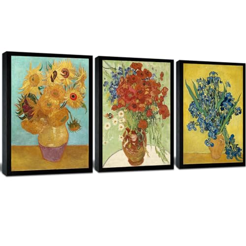 Black Framed Sunflowers- Irises Flower Vase Vincent Van Gogh Art Reproduction, Giclee Canvas Prints Wall Art for Home Decor 12"x16"