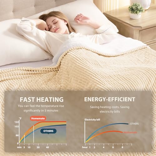 Image of Homemate Electric Heated Blanket Queen Size - 84 inchx90 inch Heating Blanket Queen Size Dual Control 1 /2 /4 /6 /8 Hours Auto-Off 10 Heat Level Over-Heat Protection Soft Flannel Sherpa ETL Certification