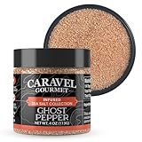 Ghost Chili Pepper Sea Salt - All-Natural Unrefined Sea Salt Infused With Extra Hot Ghost Pepper - No Gluten, No-MSG - One of the World's Hottest - Cooking or Finishing Salt - 4 oz. Jar - Caravel Gourmet